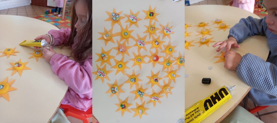 elaboração das estrela com cartolina e tampas de plástico amarelos, onde foram colados os símbolos (FSC Tetrapak e Compal) e imagens recortadas das embalagens.