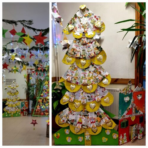"Árvore de Natal Amarela" em espaço escolar.